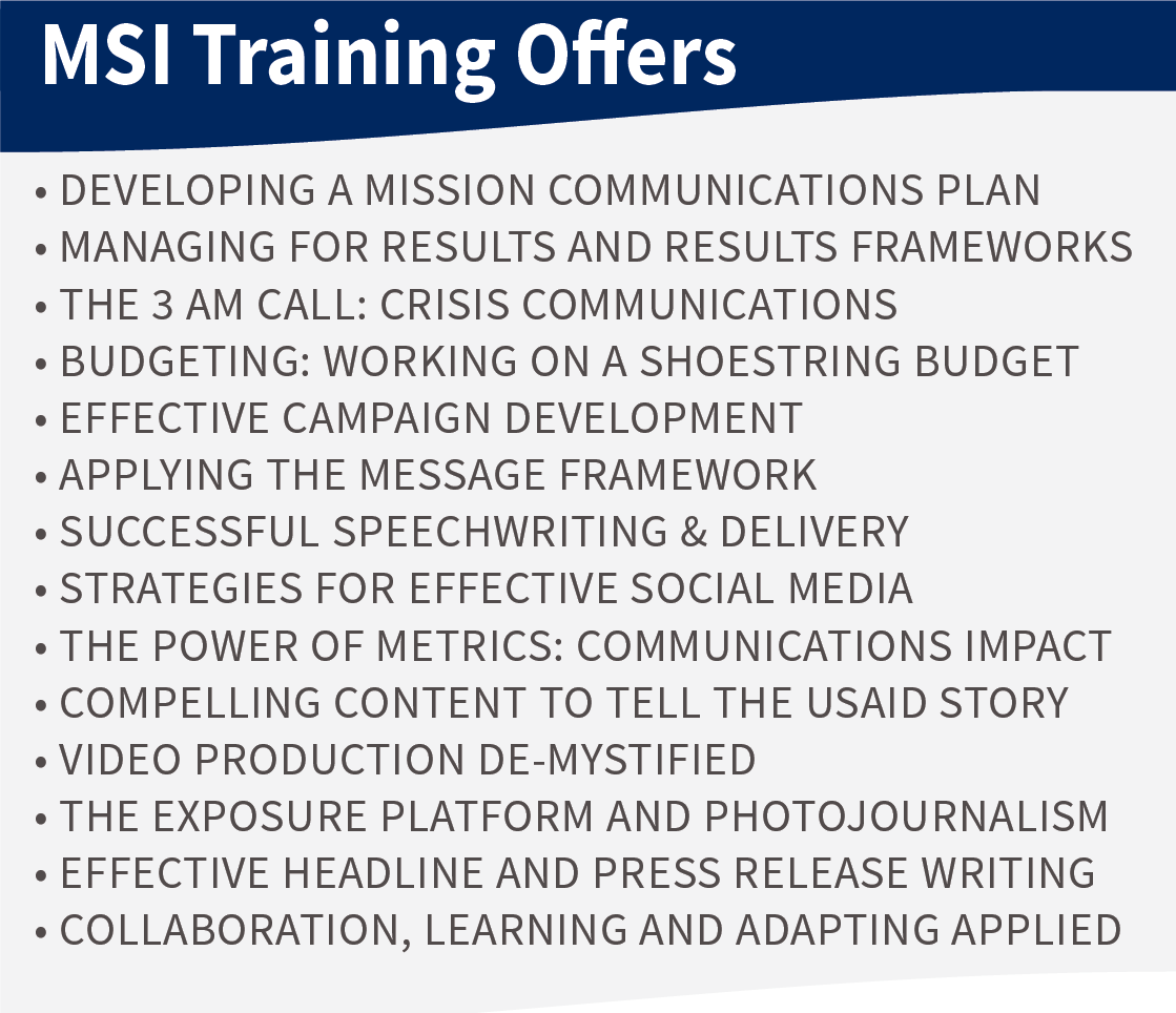 Graphic showing MSI strategic communications trainings
