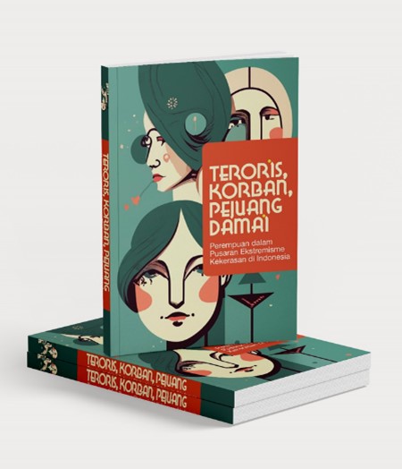 Two copies of the same book appear, one sitting on top of the other. The cover features an illustration of three women's faces and the title of the book is in Indonesia Bahasa.